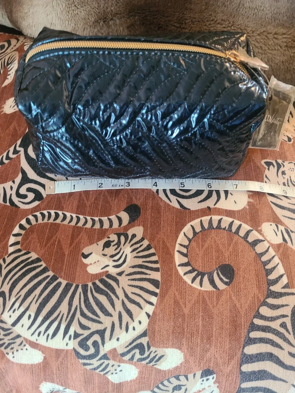 Ulta Beauty Quilted Shiny Navy Toiletry Bag with Gold Zipper